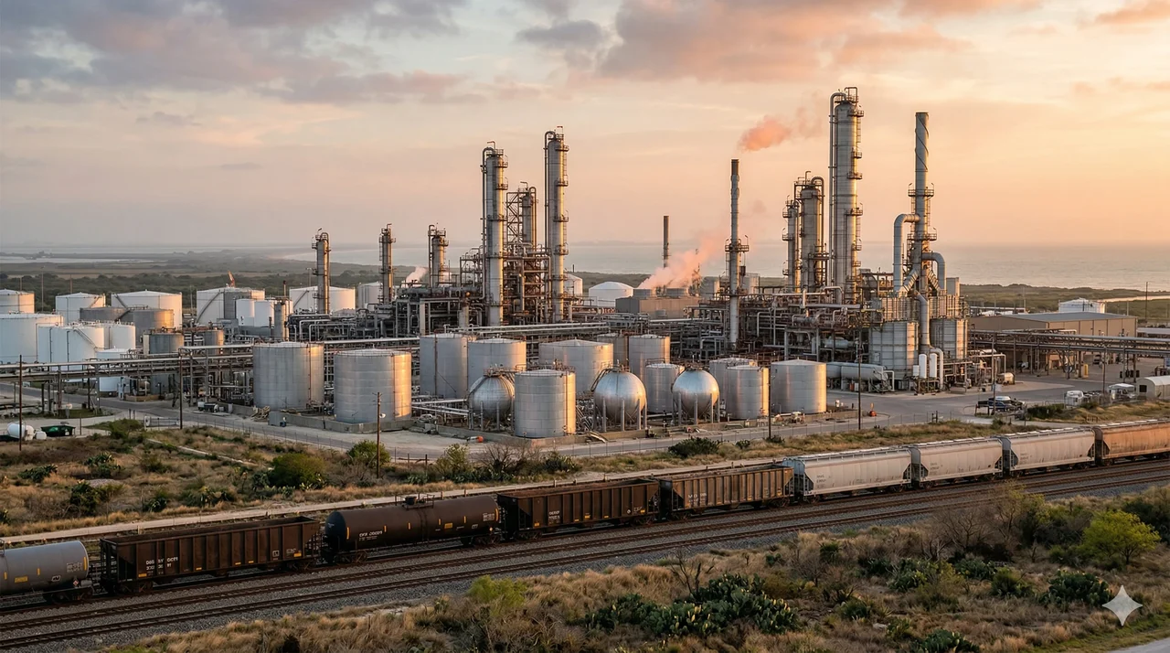 Sprawling Gulf Coast petrochemical complex with silver storage tanks and distillation towers at golden hour