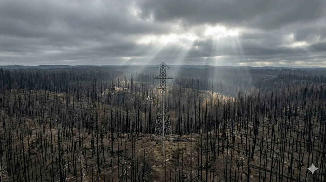 A lone power transmission tower standing in a vast burned-out Oregon forest with light breaking through overcast skies