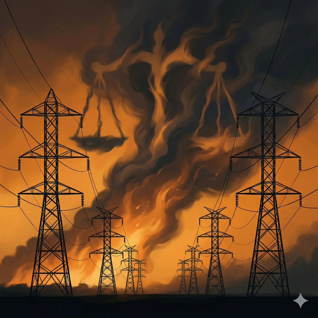 Power line towers silhouetted against a wildfire sky with scales of justice in the smoke