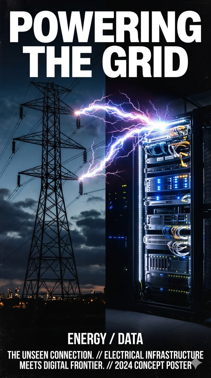Editorial poster of a high-voltage transmission tower beside a server rack with electricity arcing between them, captioned Powering the Grid