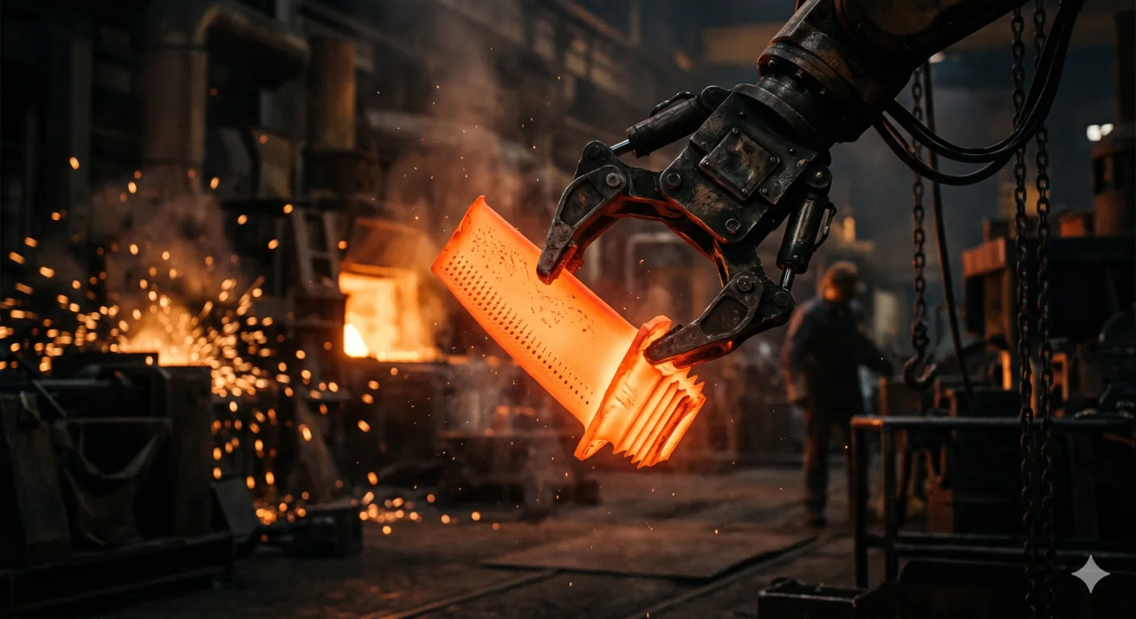 Glowing orange-hot cast superalloy part held in robotic foundry tongs amid sparks