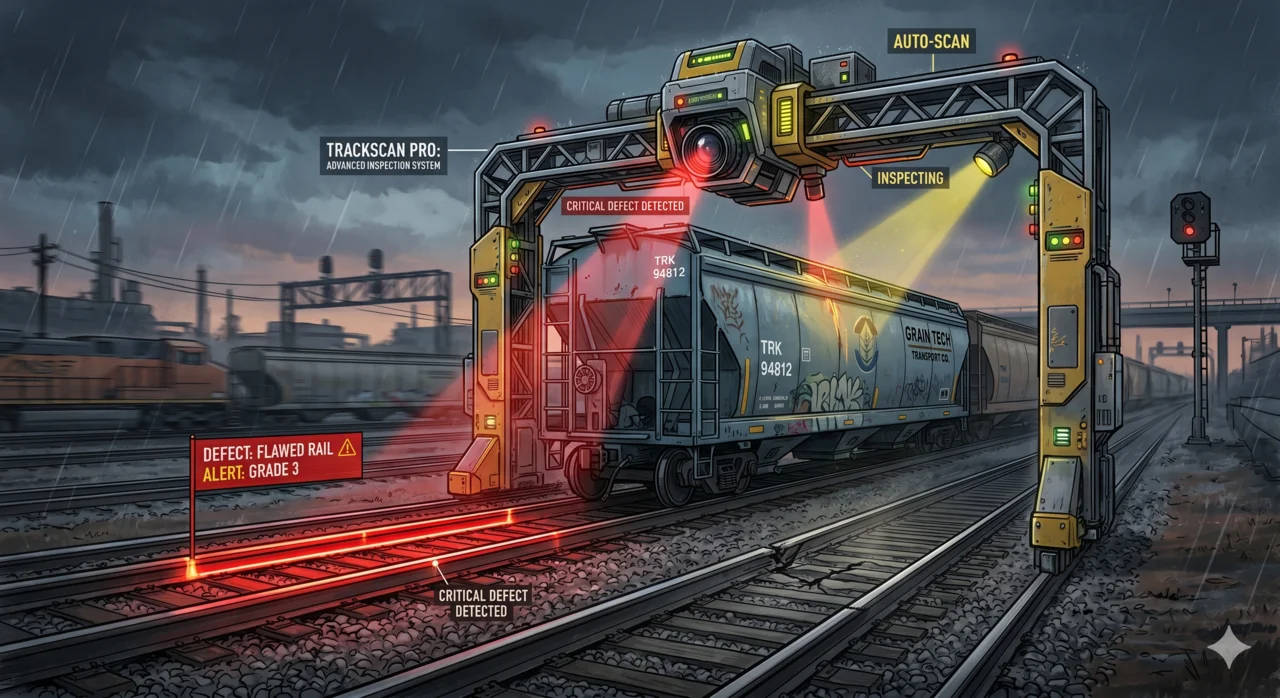 An optical inspection portal straddling a railway track scanning a passing railcar, flagging a rail defect with a red 'critical defect detected' alert
