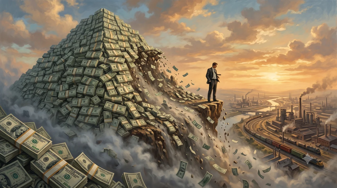 A mountain of stacked U.S. Treasury bills and cash with its front edge crumbling away into mist, a lone executive standing at the eroding rim looking out over an industrial valley of factories and railroads at sunset
