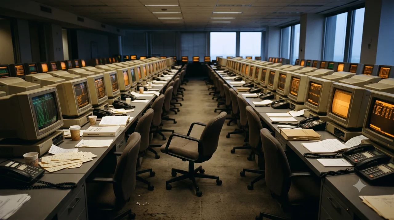 A deserted government-bond trading floor at dusk, rows of amber-lit CRT terminals over empty chairs and scattered auction tickets