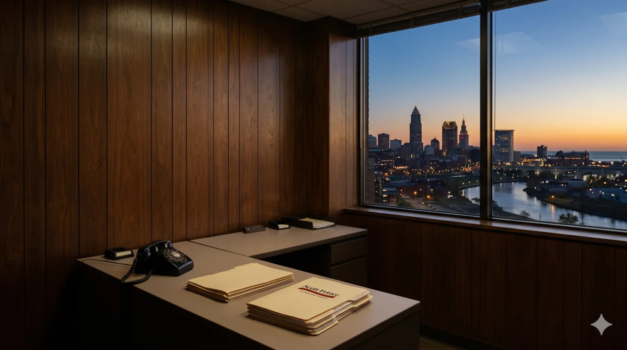 1986 Cleveland corner office at dusk, Scott Fetzer era