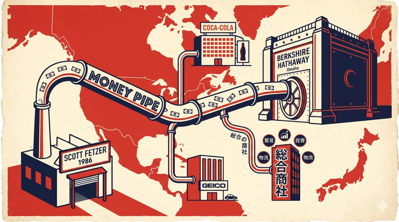 Stylized pipe routing cash from Scott Fetzer to Berkshire Hathaway