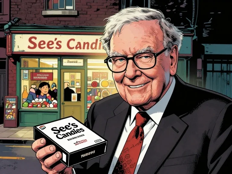 Warren Buffett holding a box of See's Candies in comic portrait style