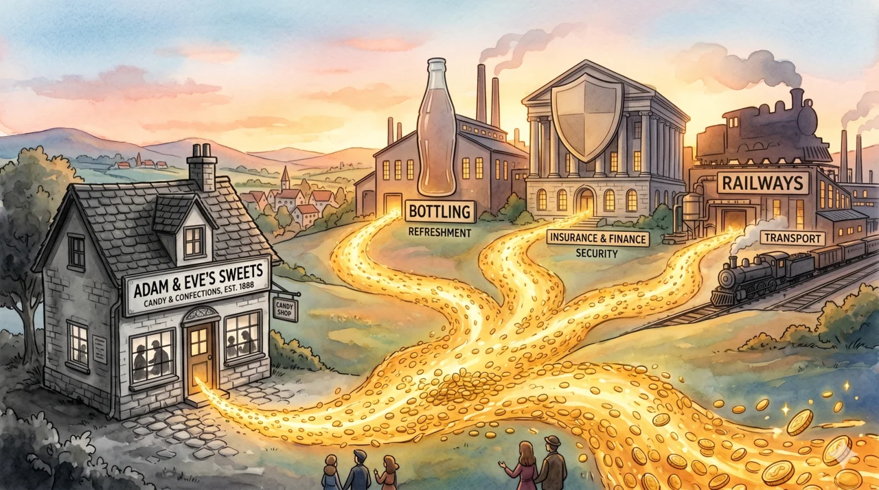 A small candy shop sending a river of gold coins outward into larger businesses