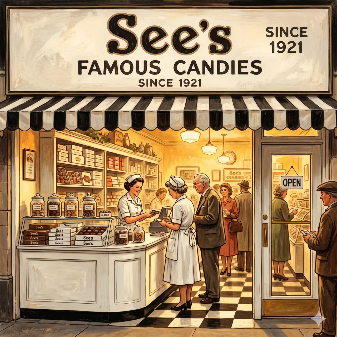 Vintage See's Candies shopfront with black-and-white checkered floor and porcelain counter