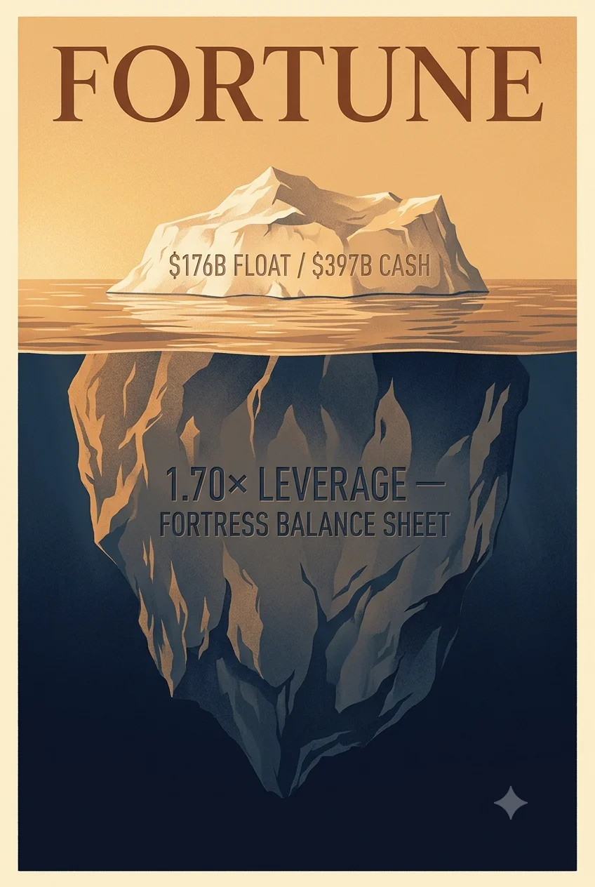 Fortune magazine cover style illustration of an iceberg with $176B float / $397B cash visible above water and 1.70× leverage fortress balance sheet hidden below