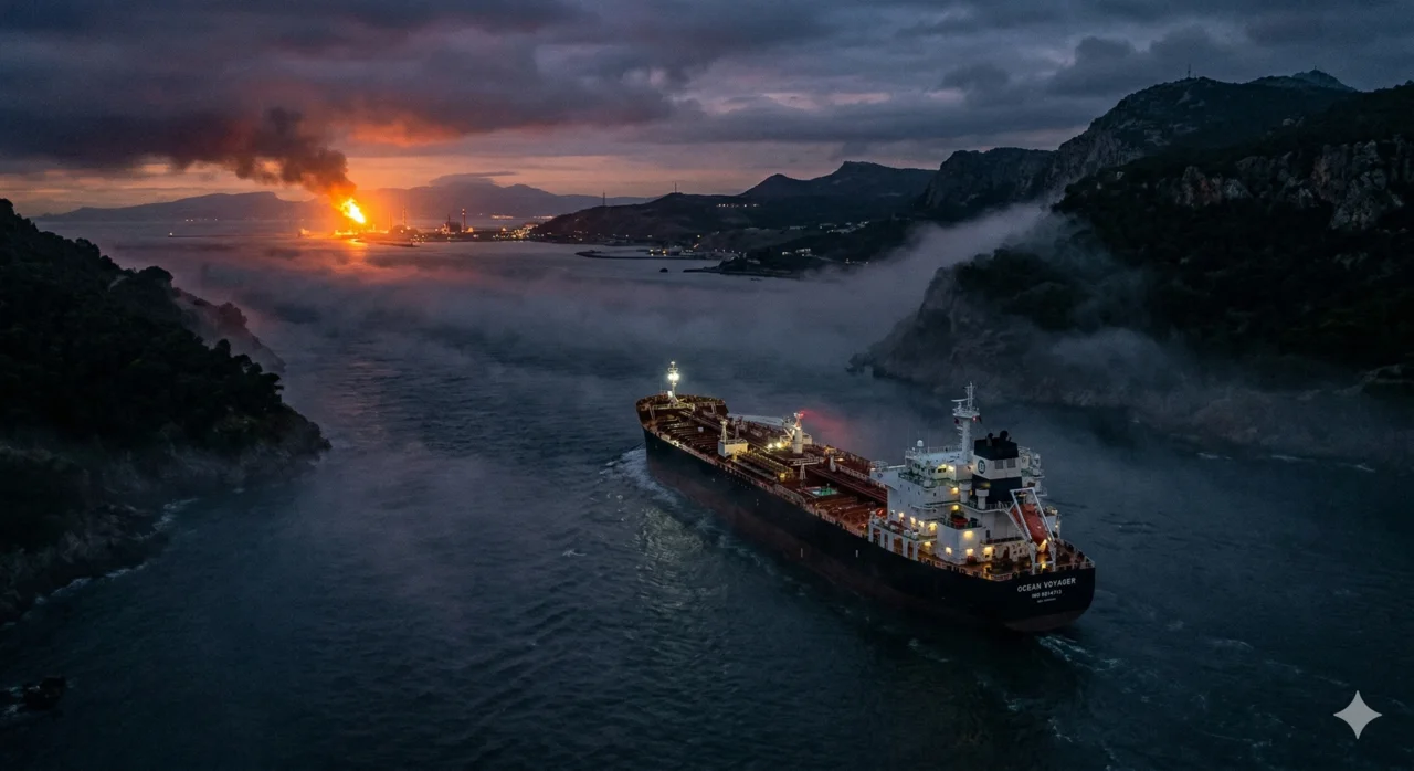 A tanker sailing into an uncertain horizon in the Strait of Hormuz