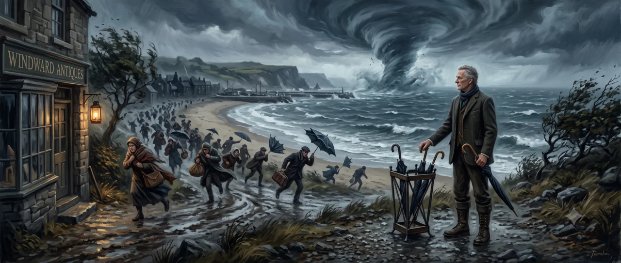 Oil-painting scene of a coastal town as a cyclone spins offshore: a crowd flees inland with umbrellas blown inside-out while one composed, well-dressed man stands by an umbrella stand facing the storm, ready to supply cover