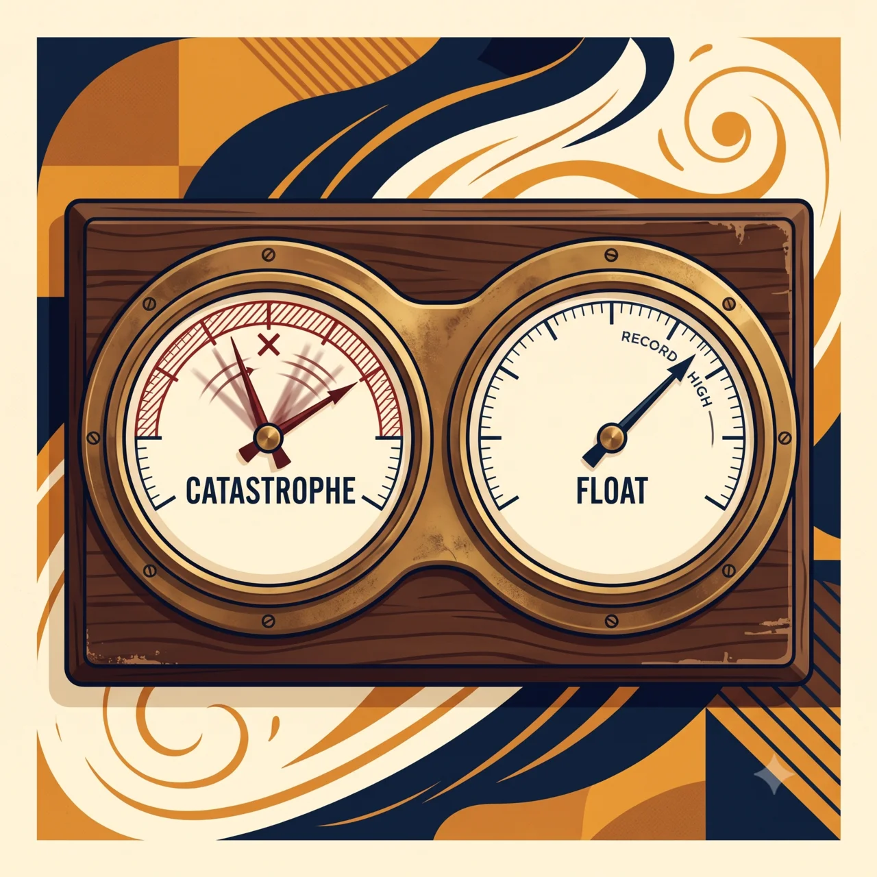 A vintage brass twin-dial gauge on dark wood: the left needle labeled CATASTROPHE swings wildly across a red zone while the right needle labeled FLOAT climbs steadily toward RECORD HIGH