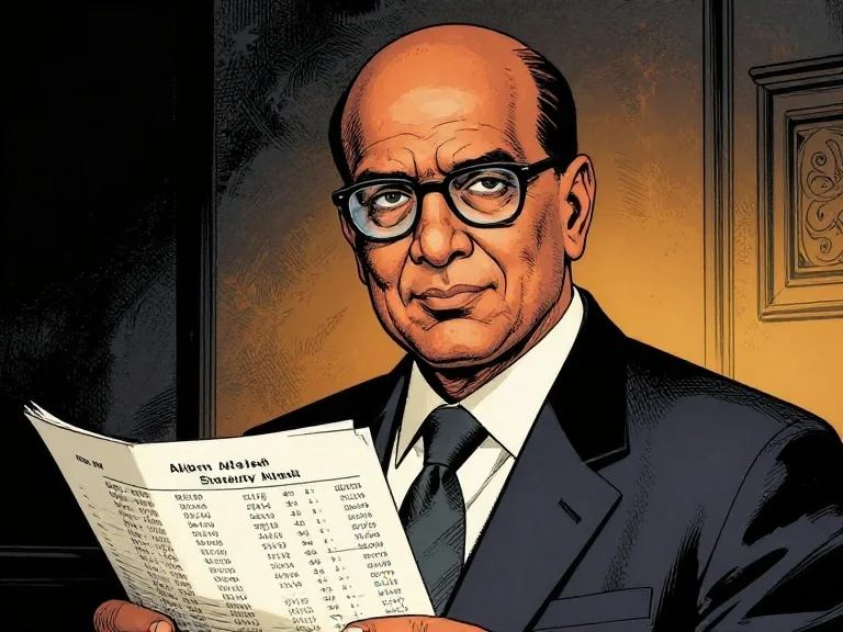 Comic-book portrait of a composed, bespectacled reinsurance underwriter in a dark suit studying a sheet of renewal figures