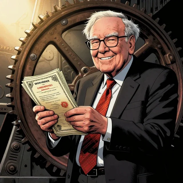 Comic-book portrait of Warren Buffett smiling as he holds out a thick stack of share certificates, an iron gear wheel behind him