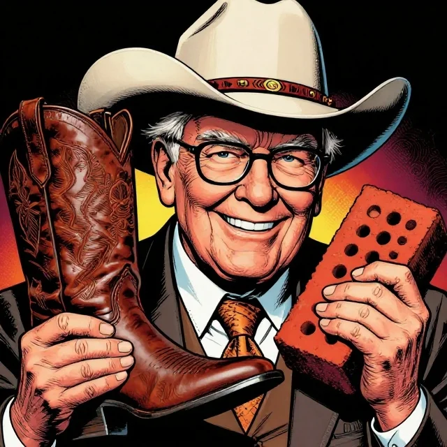 Comic illustration of Warren Buffett in a ten-gallon cowboy hat and cowboy boots holding an Acme brick