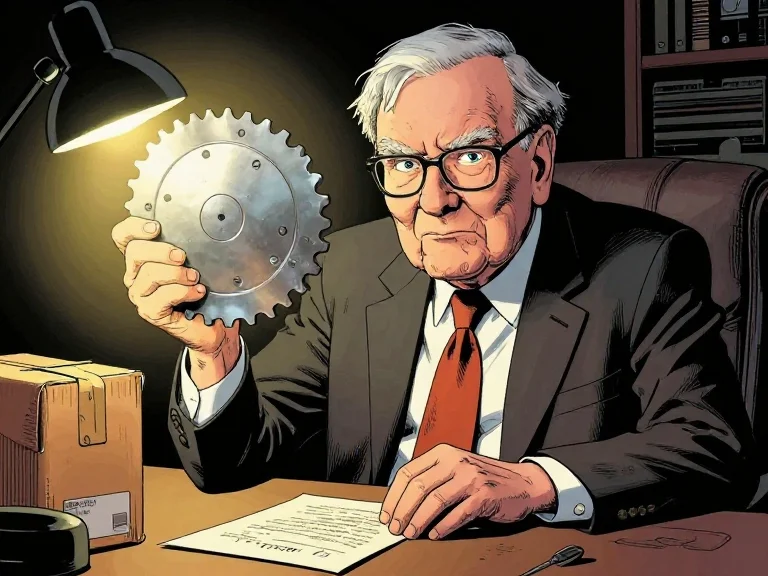 Comic illustration of Warren Buffett at his desk holding up a toothed metal object under a lamp, beside an opened package and a letter