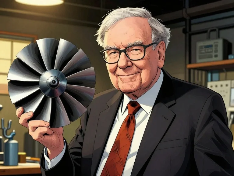 Comic-style portrait of Warren Buffett in a workshop holding a jet-engine turbine blisk, looking quietly satisfied